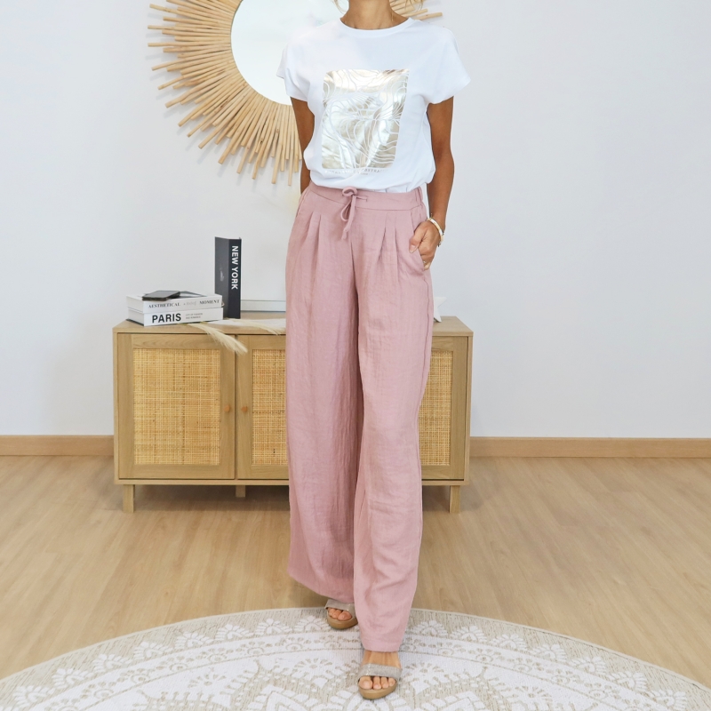 pantalon fluide vieux rose femme porte