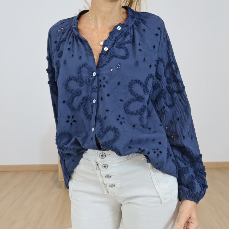 chemisier bleu marine manches longues bouffantes