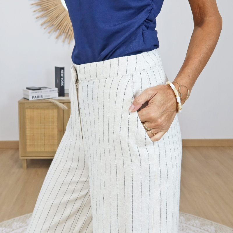 pantalon fluide beige poches cote