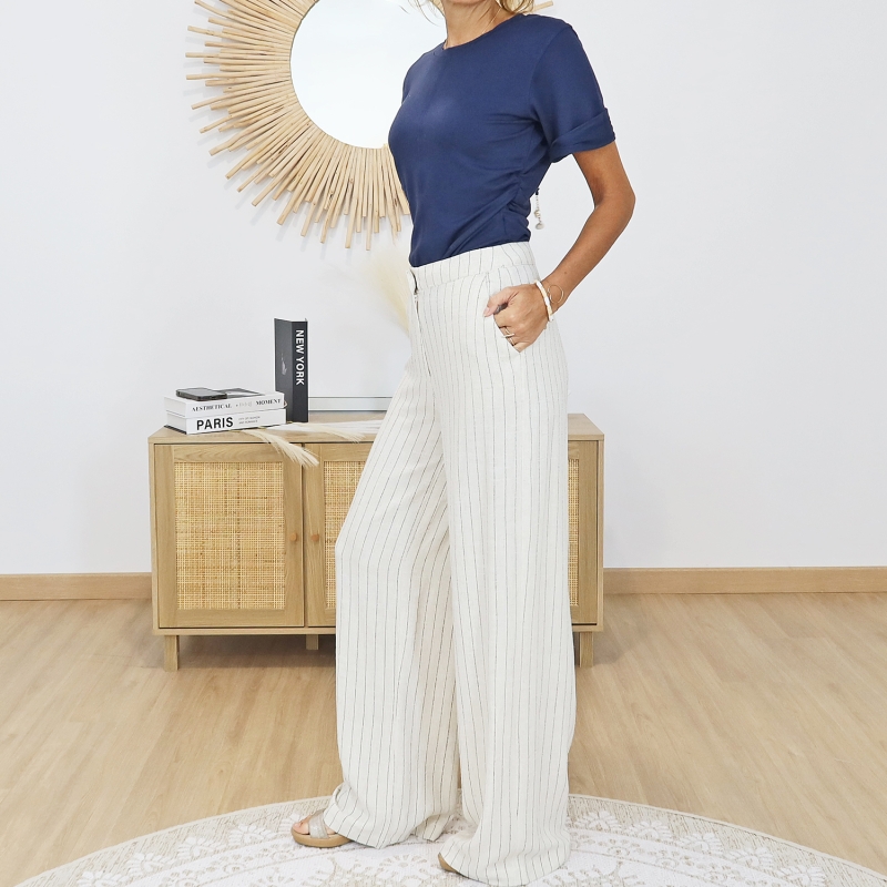 pantalon large femme beige raye look