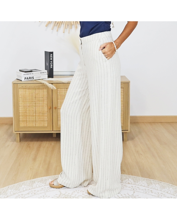 pantalon chic beige raye tenue ete