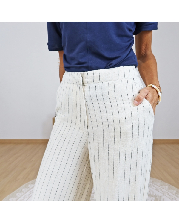 pantalon fluide beige rayures noires detail taille