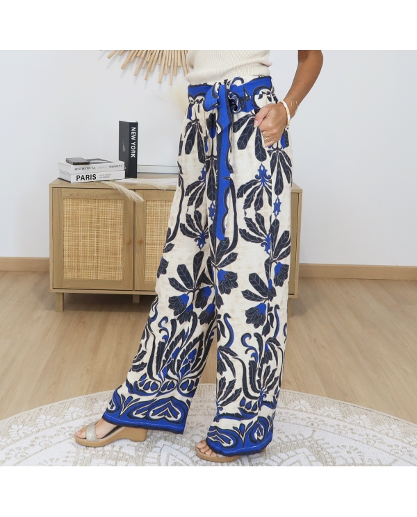 pantalon fluide celia imprime bleu beige