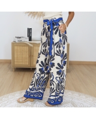pantalon fluide celia imprime bleu beige