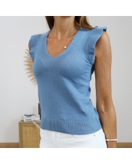 top bleu manches volantées détail
