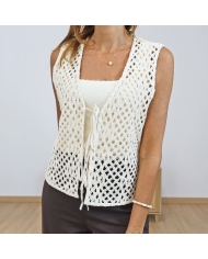 gilet maille ajourée femme beige vue face