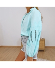 blouse turquoise oversize manches dentelle