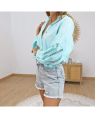 blouse femme turquoise look été short jean