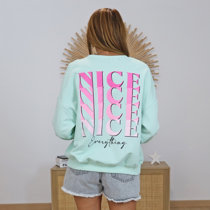 sweat oversize turquoise imprimé rose