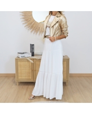 look jupe longue et perfecto doré
