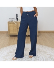pantalon fluide bleu marine femme porté chic