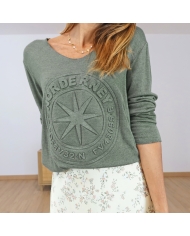 pull fin kaki femme motif boussole relief