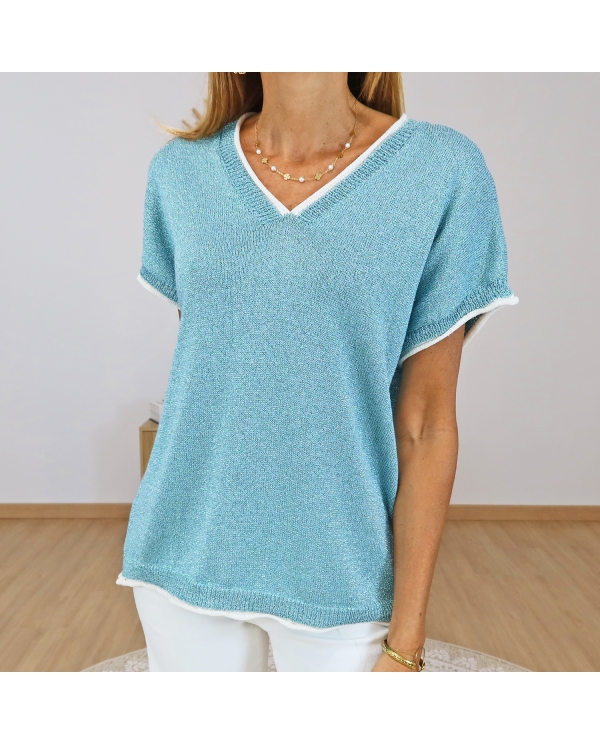 top femme turquoise maille scintillante