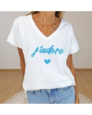 t-shirt blanc femme col v broderie j'adore bleu
