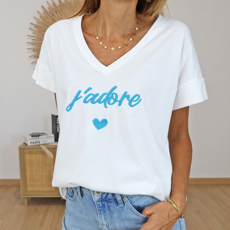 t-shirt femme blanc brodé cœur bleu