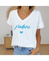 t-shirt femme blanc brodé cœur bleu