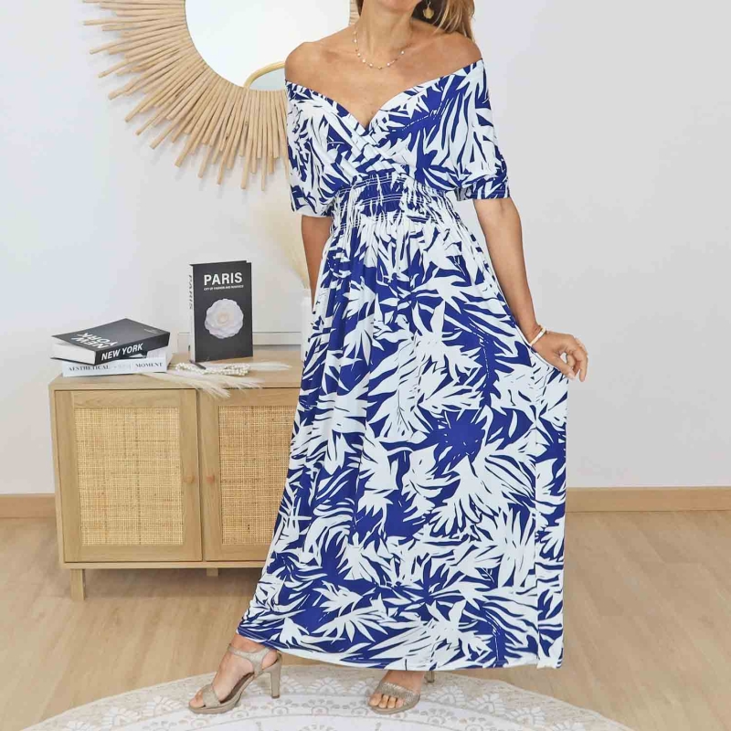 robe décolleté croisé femme bleu blanc