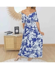 robe décolleté croisé femme bleu blanc