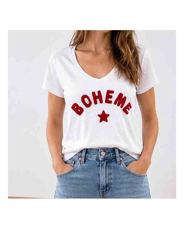 t shirt blanc inscription rouge femme