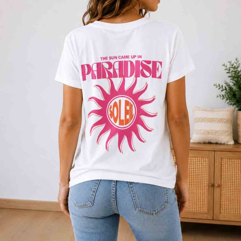 t shirt blanc imprimé rose femme