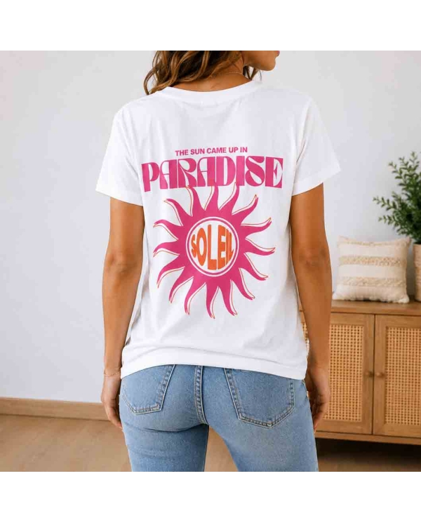 t shirt blanc imprimé rose femme