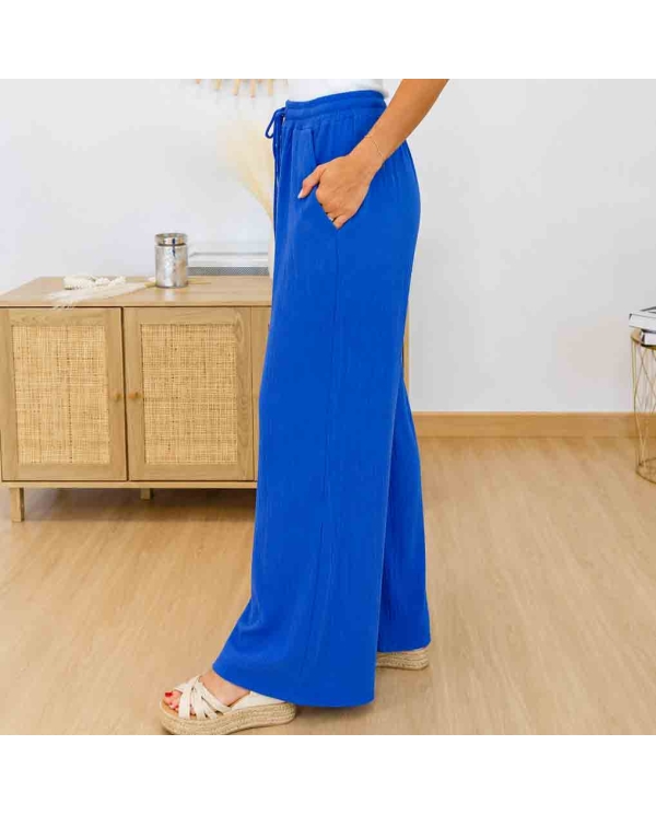 pantalon fluide bleu femme porté