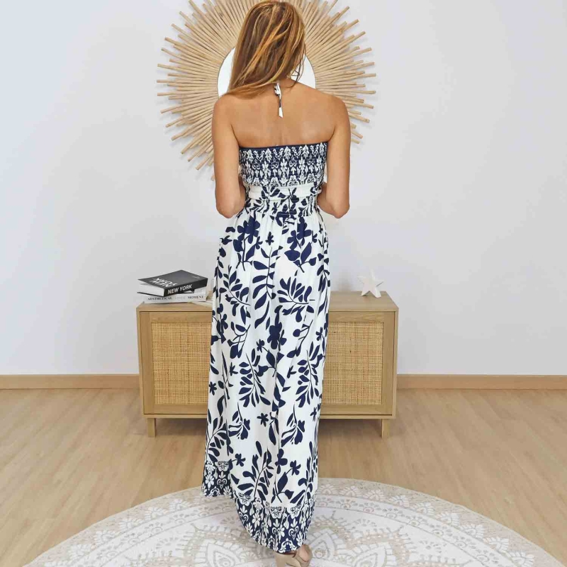 robe longue fluide avec fente marine blanc