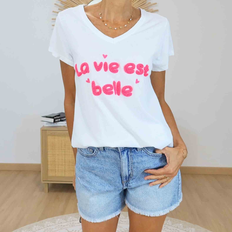 T-shirt blanc La Vie Est Belle rose fluo femme