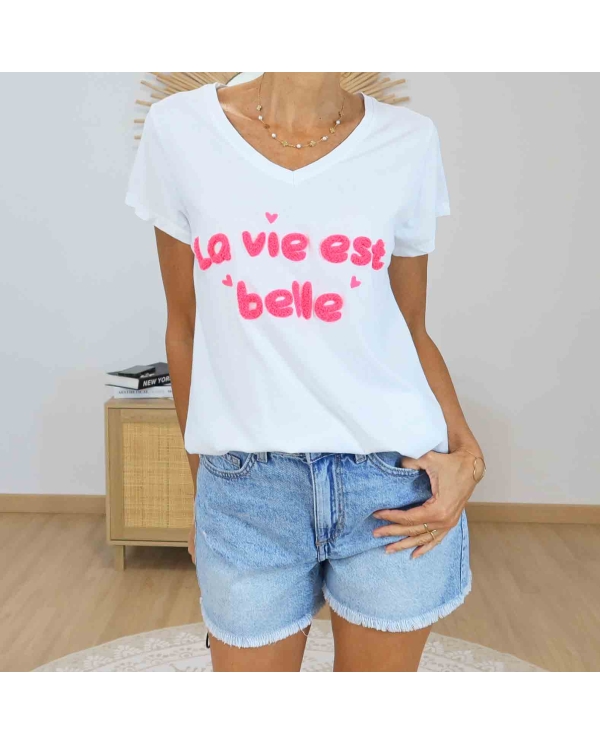 T-shirt blanc La Vie Est Belle rose fluo femme