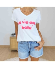 T-shirt blanc La Vie Est Belle rose fluo femme