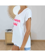 T-shirt femme inscription relief bouclette rose fluo