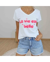 T-shirt décolleté V femme rose fluo