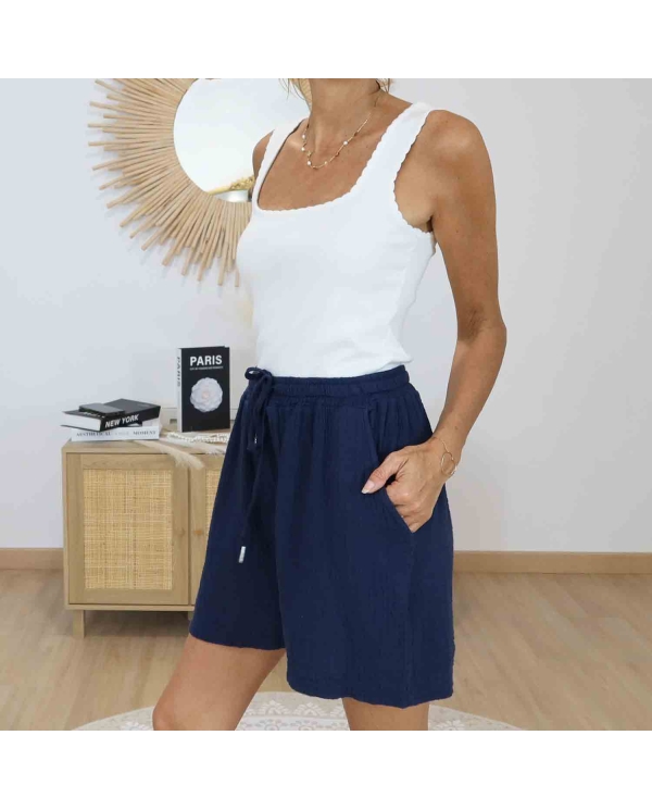 Short femme bleu marine taille élastiquée