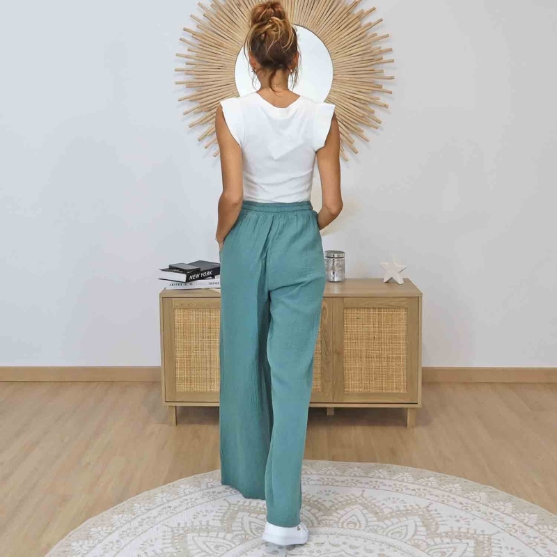 Pantalon fluide femme vert céladon
