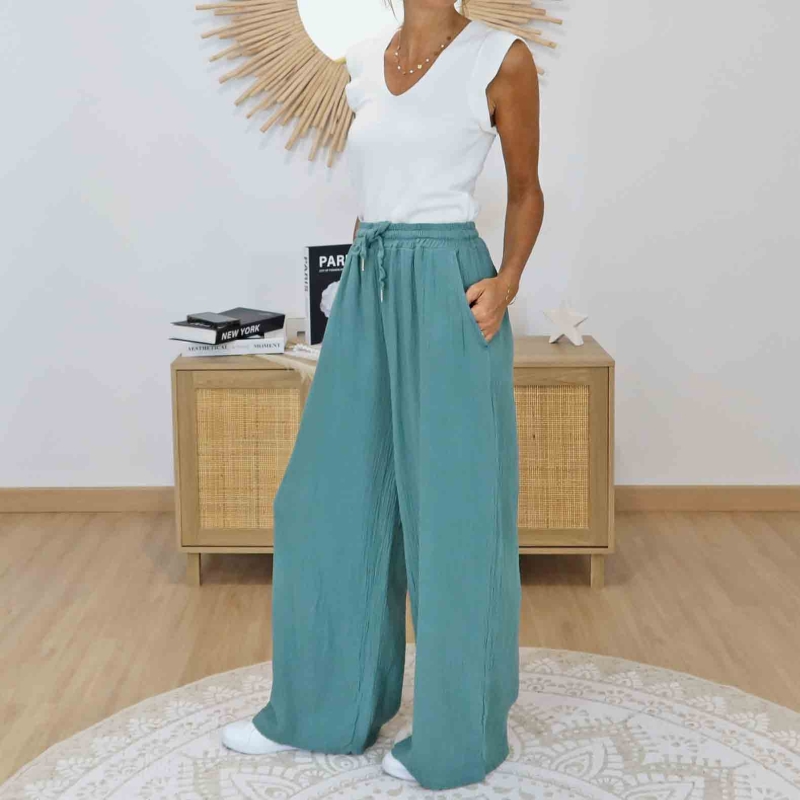 Pantalon large gaze de coton céladon femme