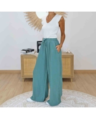 Pantalon large gaze de coton céladon femme