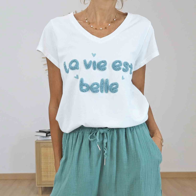 T-shirt blanc La Vie Est Belle amande femme