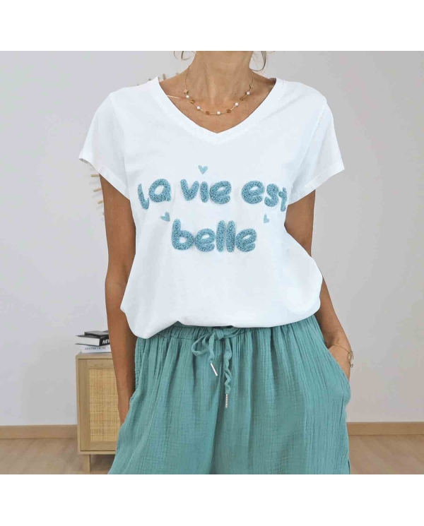 T-shirt blanc La Vie Est Belle amande femme