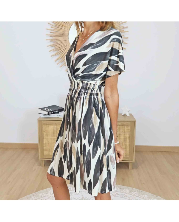 Robe magique courte imprimé noir beige ALYSSA