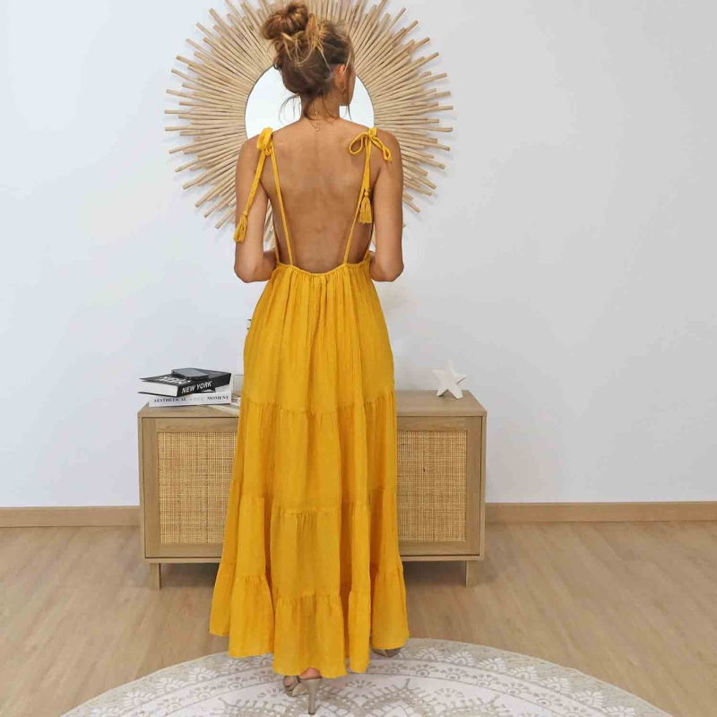 Robe longue bohème moutarde safran ALIZÉ