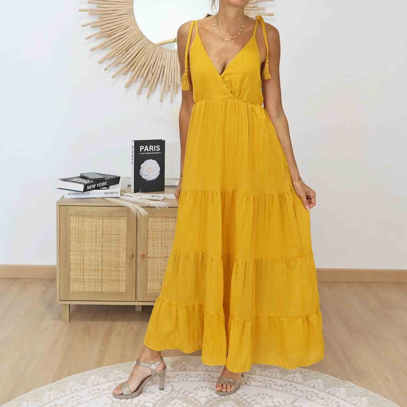 Robe longue coloris safran femme