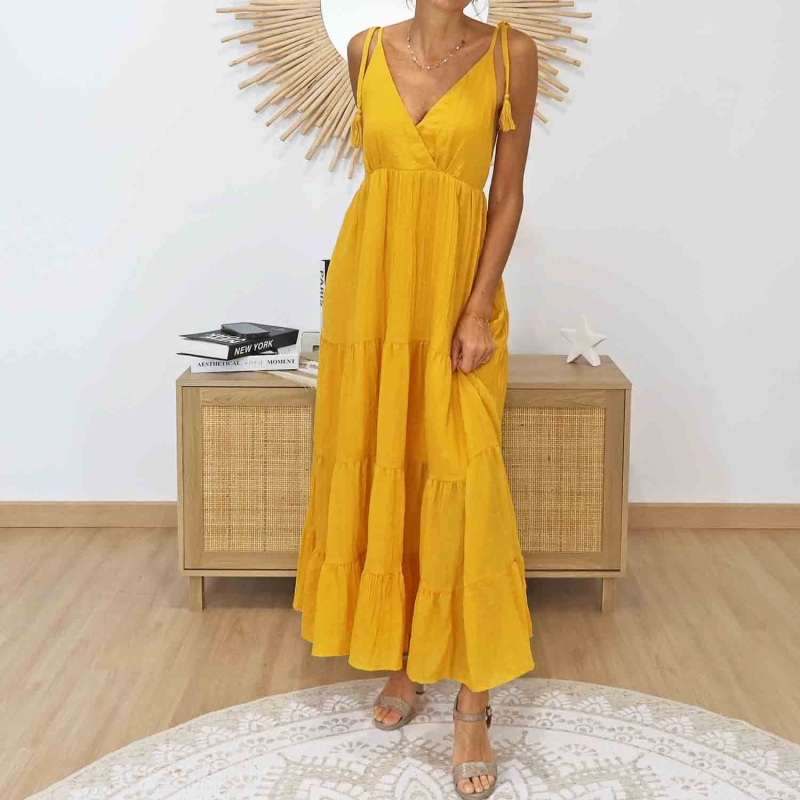 Robe longue fluide été femme moutarde