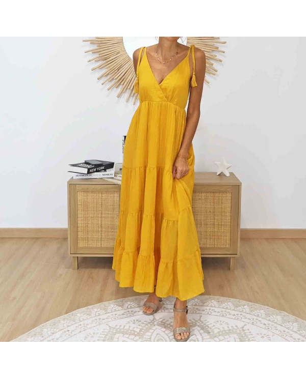 Robe longue fluide été femme moutarde
