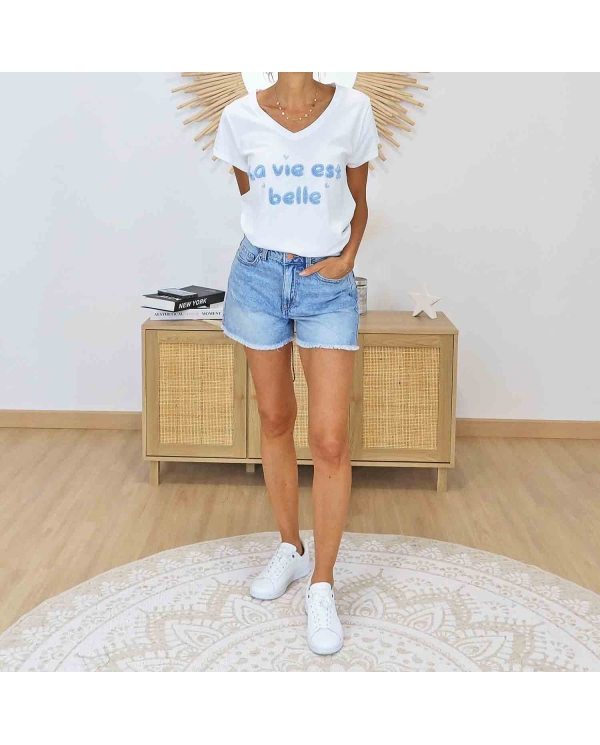 t-shirt col v blanc femme message bleu ciel