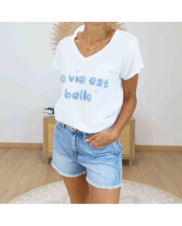 t-shirt blanc femme inscription la vie est belle bleu ciel