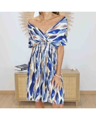 Robe courte magique imprimée bleue portée – Taille unique 34 à 46