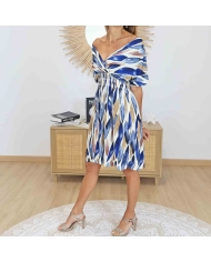 Robe courte femme été bleue fluide – Longueur 94 cm avec sandales