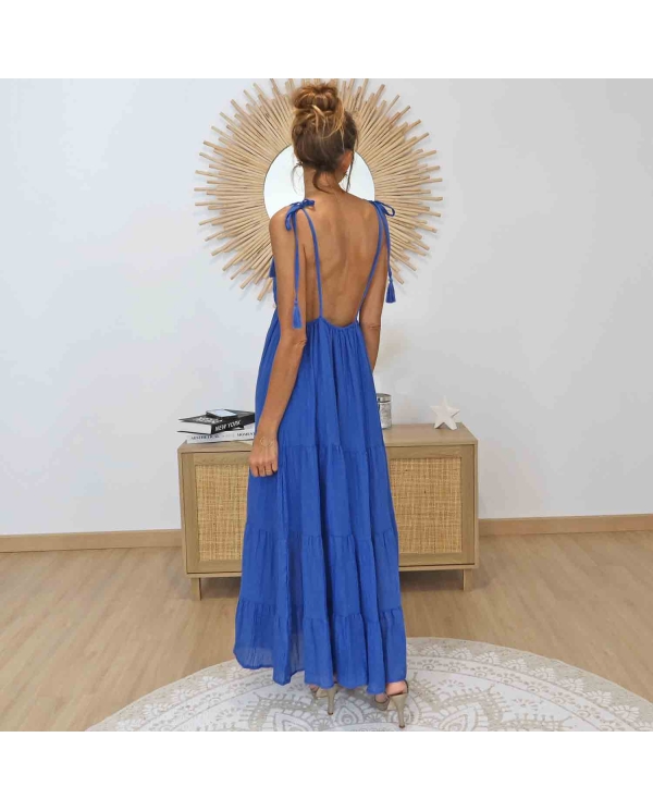 Dos de la robe Alizé bleue avec bretelles nouables et pompons
