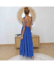 Dos de la robe Alizé bleue avec bretelles nouables et pompons