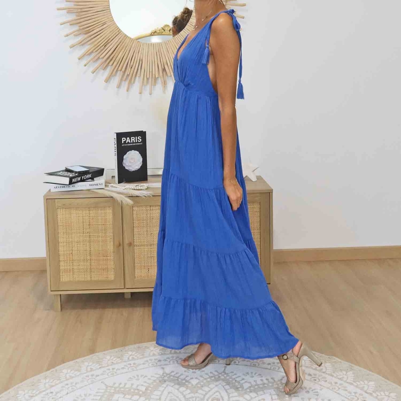 Robe longue bohème Alizé bleue portée – Tailles SM ML